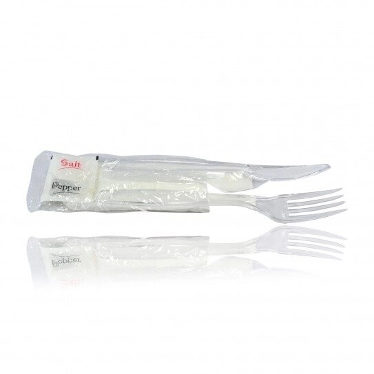 Kit couvert plastique PS transparent 6 en 1: couteau fourchette cuillère  serviette sel poivre
