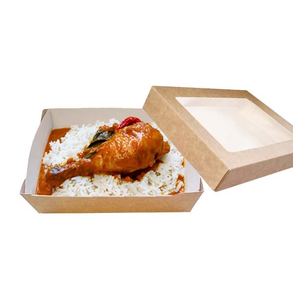Boites alimentaires à emporter, carton rectangulaire 8 cm x 25,2 cm x 35,9  cm marron avec couvercle séparé et fenêtre transparente en PET