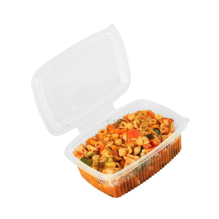 Barquette plastique micro-ondable à charnière (vue de 3/4)